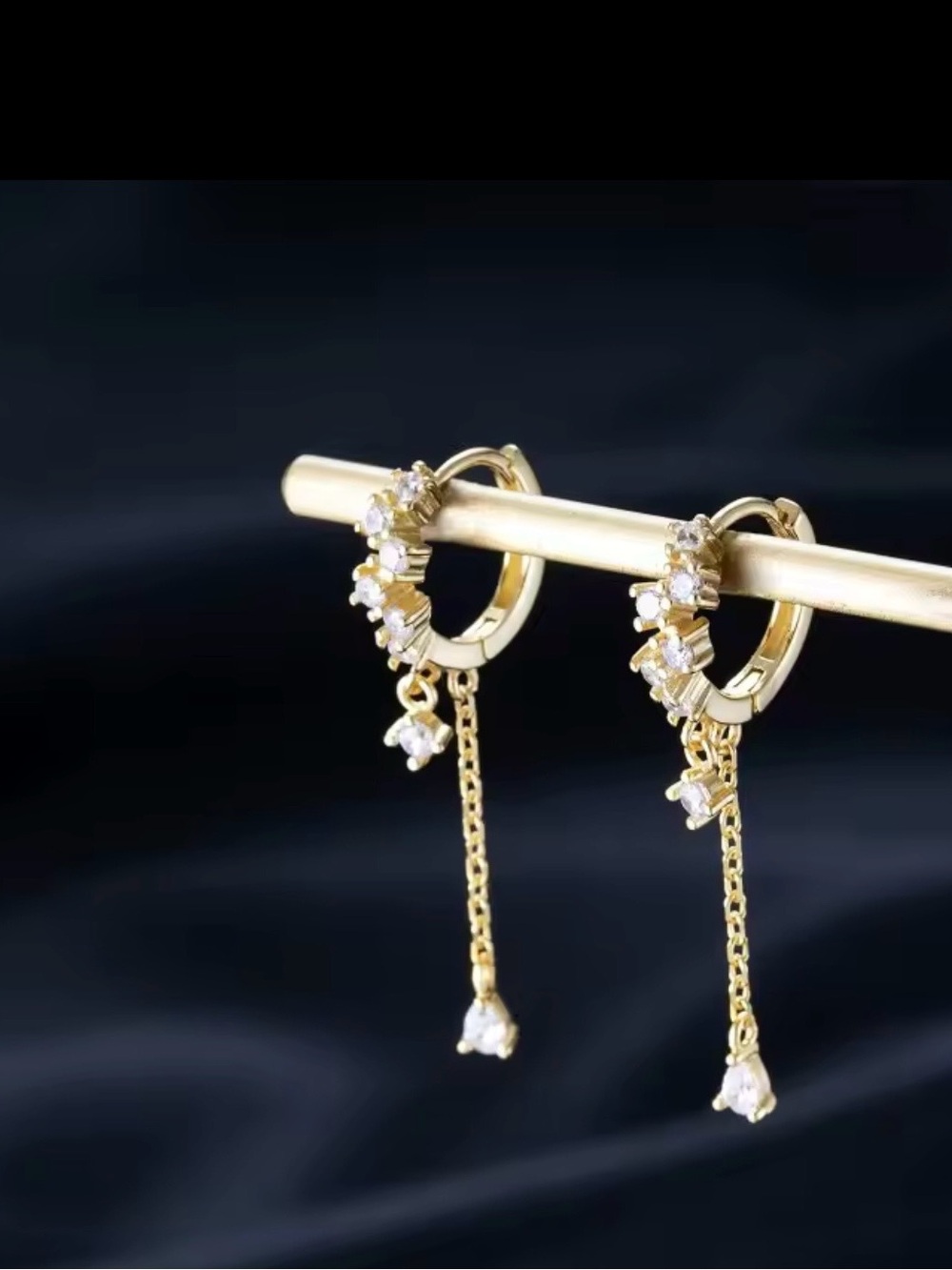Gold Crystal Huggie Hoop Earrings with Dangle Chain